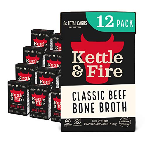 Kettle and Fire Classic Beef Bone Broth, Keto, Paleo, and Whole 30 Approved, Gluten Free, High in Protein and Collagen, 12 Pack