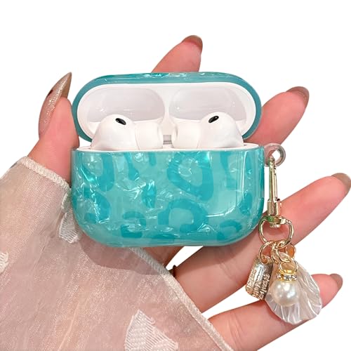 Coque AirPods Pro 3 antichoc rigide TPU étui léopard bleu turquoise avec porte-clé perle
