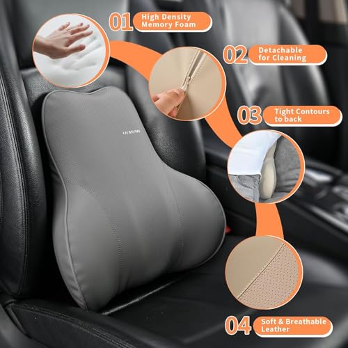 Image of Coverado Lumbar Support Pillow for Car Seat Driver, Leather Car Seat Cushions for Driving Back Pain, Detachable Memory Foam Upper Lower Car Back Support Gray