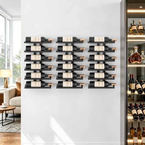 Image of Hoctieon 3-Set 6 Tier Wall Mount Wine Rack (18 Tiers), Wall Racks for Wine Bottles Display and Storage, Hanging Bottle Organizer for Living Room, Dining Room, Wine Cellar, Bar, Black