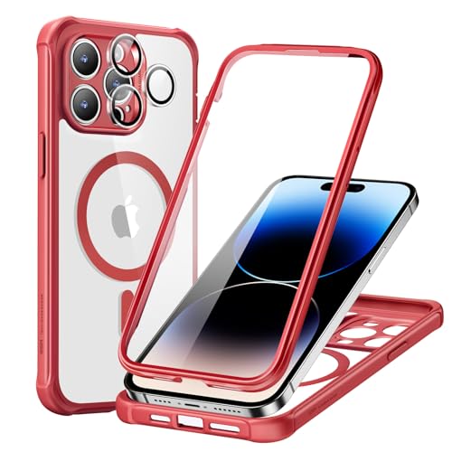 Image of ESR for iPhone 14 Pro Max Case, Compatible with MagSafe, Full-Body Military-Grade Drop Proof Case for iPhone 14 Pro Max with Built-in 9H+ Tempered Glass Screen Protector, Clear Red