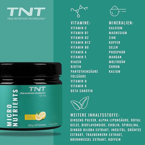 TNT Multivitamin Pulver mit 24 Vitaminen & Mineralien (360g) • Vitamin Komplex mit Grüntee Extrakt, Spirulina & Coenzym Q10 • Micronutrients (Mild Lemon)