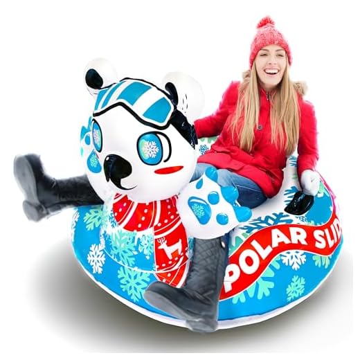 Sunlite Sports Heavy Duty Snow Tube, Reinforced Bottom, Polar Bear Snow Sled Toboggan for Winter, Inflatable Saucer with Double Sealed Seams, Comfortable Grip Handles, Airtight Boston Valve