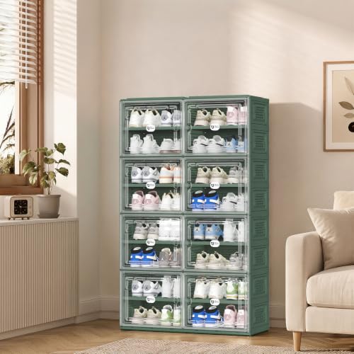 Image of Green Foldable Shoe Storage Cabinet for 32 Pairs with Magnetic Clear Doors, Portable Enclosed Shoe Organizer, 3-Step Quick Assembly for Entryway, Closet, Garage (2 Row, 8 Tier)