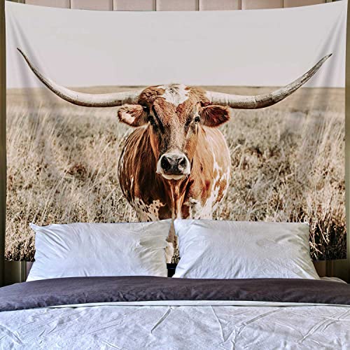 Bull Longhorn Cow Tapestry Wall Art Hanging, Farmouse Western Wildlife Funny Animals Highland Cow Tapestries, Aesthetic Wall Decor Tapestry For Bedroom Living Room Dorm Wall Blankets Posters #TOP2