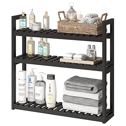 FILWH Bathroom Shelf Bamboo Organizer Rack Adjustable 3-Tier Storage Shelf Wall Mounted Storage Rack Over The Toilet Utility Shelves Living Room Kitchen Shelf(Black) Cover