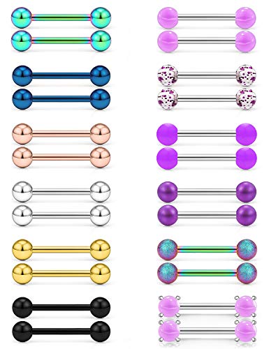 Yaalozei Tongue Ring Nipple Ring 16G Stainless Steel Purple Nipple Nipplerings Barbell Bar Rings Piercing Jewelry for Women Men 12Pairs 14MM