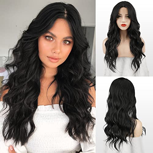 FESHFEN Lange Wellig Perücken Schwarz, 66 cm Lace Front Perücke Mittelscheitel Frauen Synthetik Haar Wellen Lang Edge Lace Front Wig Natürliche Gewellte Perücken für Tägliches Partei Cover
