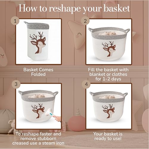 Image of Deer Baby Storage Basket, Woven Cotton Rope Nursery Bin, 15x11 in | Stuffed Animal and Blanket Storage, Soft Felt Deer Patch, Woodland Nursery Decor, Kids Playroom Organizer