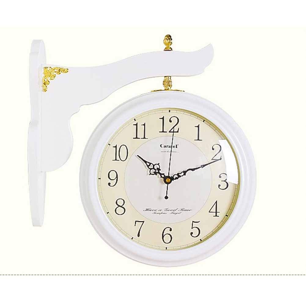 Horloge murale double face en bois blanc style européen chic pour décoration salon
