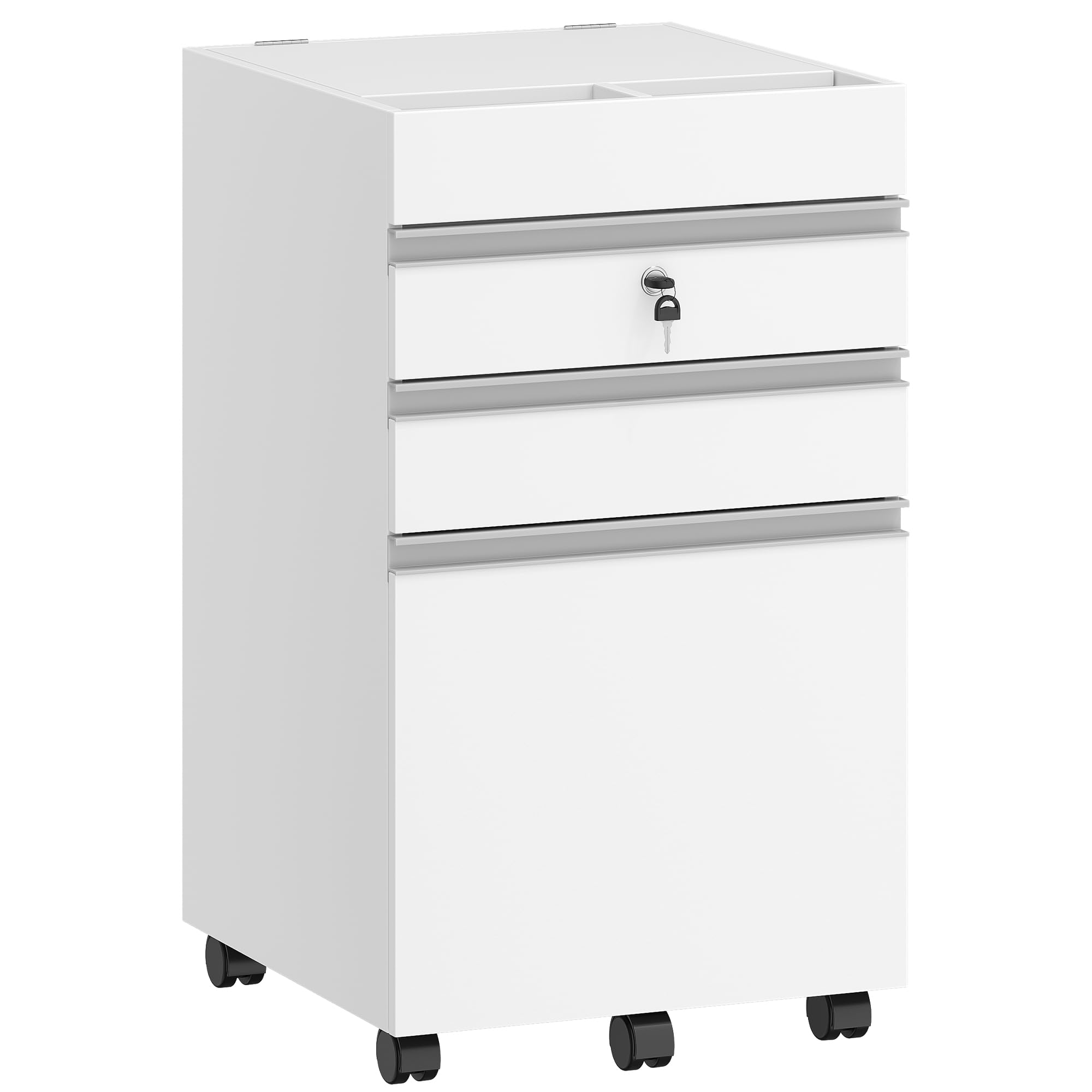 Hzuaneri Rollcontainer, Aktenschrank, abschließbarer Büroschrank mit 3 Schubladen, extra stauraum Oben, Schubladenschrank für DIN A4, Letter, für Büro, Homeoffice, 40 x 40 x 70 cm Weiß FC41003XV1