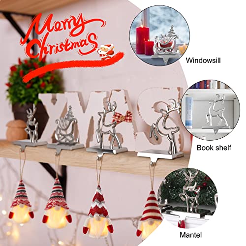 Christmas Stocking Holders For Mantel Set Of 4, 3Pack Reindeer And 1Pack Pine Tree Car Vintage Metal Standing Stocking Hook Silver Sturdy Stockings Hanger For Fireplace Counter Window Decoration #TOP3