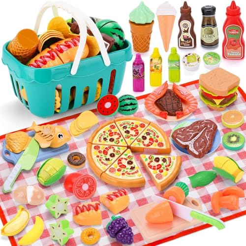 TOSUTO Accessoire Cuisine Enfant,85pcs Dinette Enfant Ustensile Cuisine Enfants,Cuisines Enfants Ensemble,Jeu de Role de Chef Kit Cuisines avec Panier Pique...