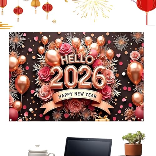 Banner Feliz Año Nuevo, gran cartel de tela - Panel de signo para fondo de pantalla del Año Nuevo 2026, para interior al aire libre, casa, jardín, porche, oficina, escuela, granja estudio