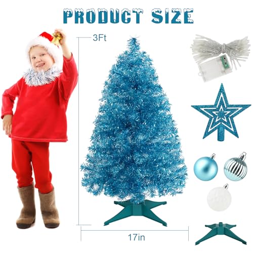SUNSHINE DECOR Blue Christmas Tree with Light 3ft Artifical Full Christmas Tree with Ball & Star Ornaments 8 Lighting Modes for Holiday Decor