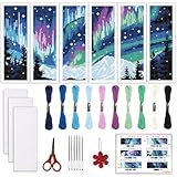 ORIGACH 6 Stück Aurora Landschaft Kreuzstich Lesezeichen Set, Anfänger Kreuzstich Set Mit Anleitung Vorgedruckt, Gestempelte Stickerei Lesezeichen-Set für Erwachsene, Buch-Liebhaber