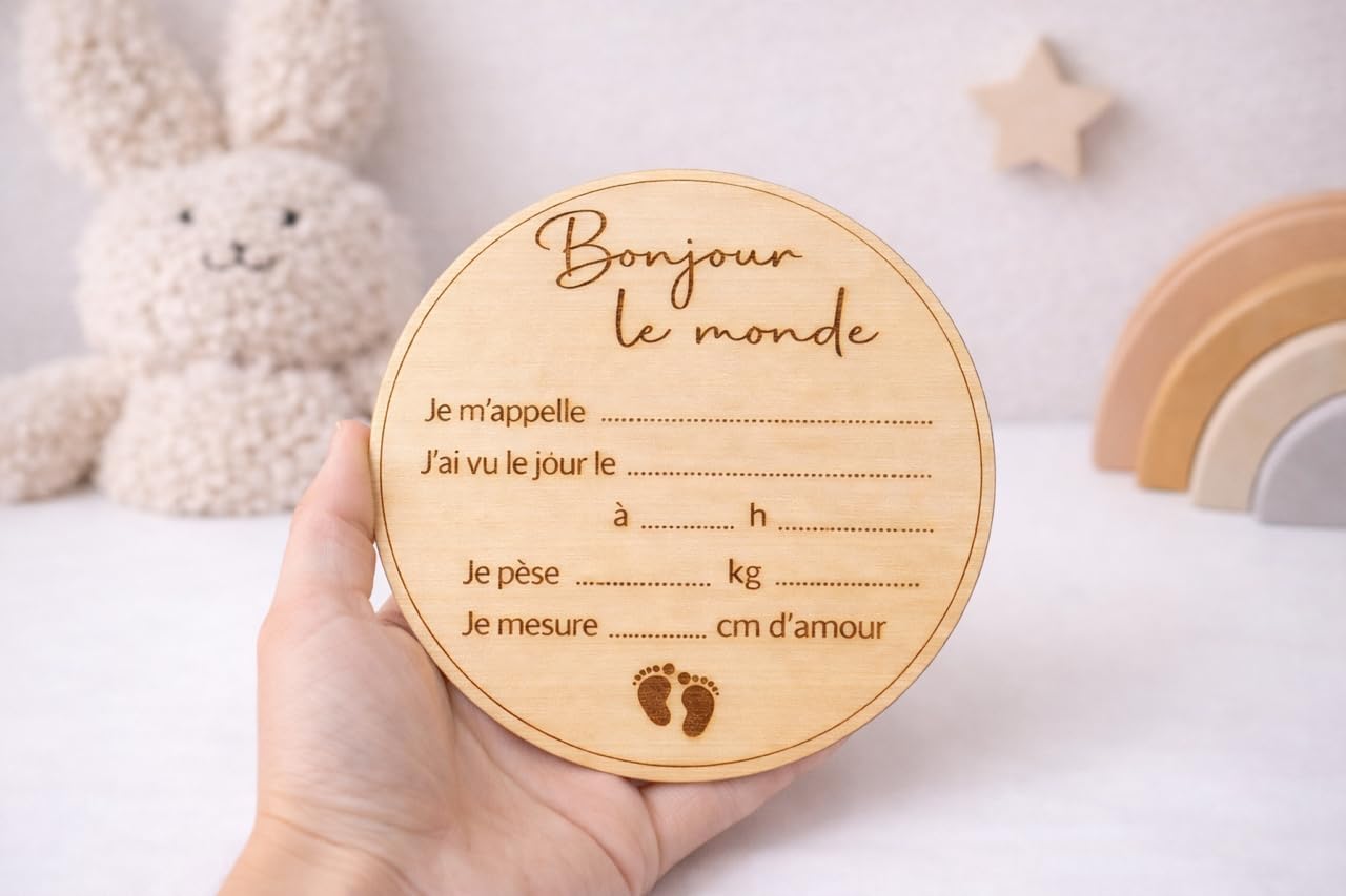 Carte bienvenue annonce naissance et prénom bébé en bois en francais - Disque prénom bébé, - Analyse des détails et conception
