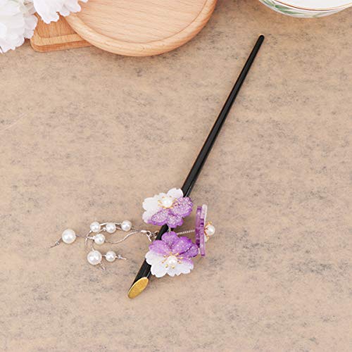Pixnor Vintage Flower Hair Stick, Flor Design Madeira feito à mão Chopstick de cabelo com franja est