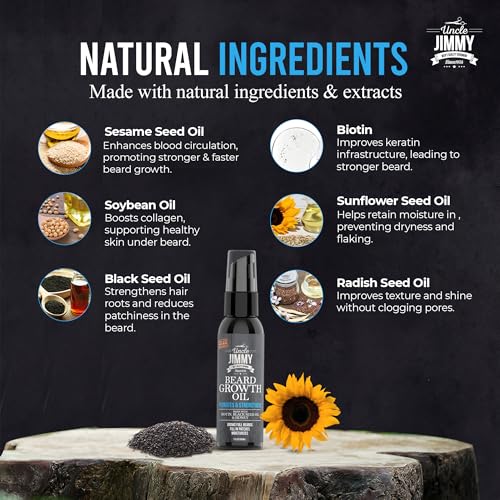 Uncle Jimmy Beard Growth Oil with Biotin | Natural Beard Care for Thicker, Fuller Healthier Beard | Men's Facial Hair Treatment for Grooming | Increases Thickness and Volume 2 Fl Oz - Image 4
