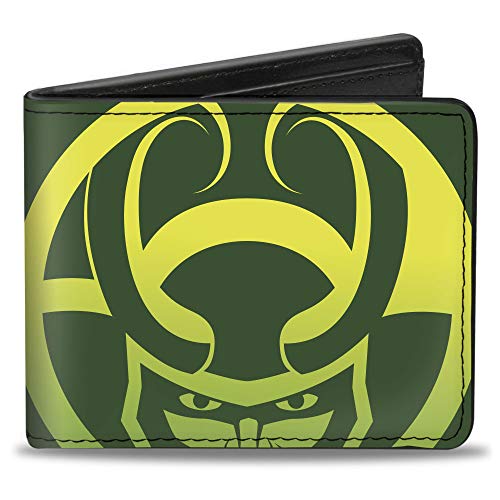 Buckle-Down Men's Marvel Comics Wallet, Bifold, Face Close Up and Text Logo Greens Yellow, Vegan Leather, Thor Loki, 4.0