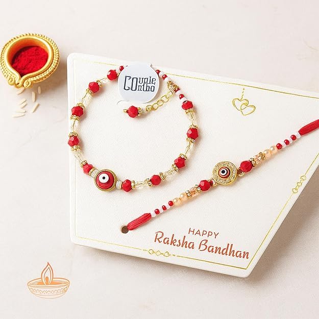 Image of PRINT BHARAT Rakhi for Brother with Coaster, Kumkum & Chawal | Traditional Beaded Thread Rakhi with Royal Kalai Thread | Raksha Bandhan Gift Hamper