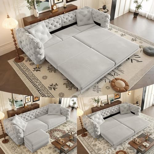 Image of KCGKCG 97.7 inch Sleeper Sofa Bed, Velvet Sectional Couches for Living Room /Bedroom, 3 in 1 Pull Out Couch Bed, Convertible Sectional Couch loveseat Sofa with Movable Ottoman, Light Grey