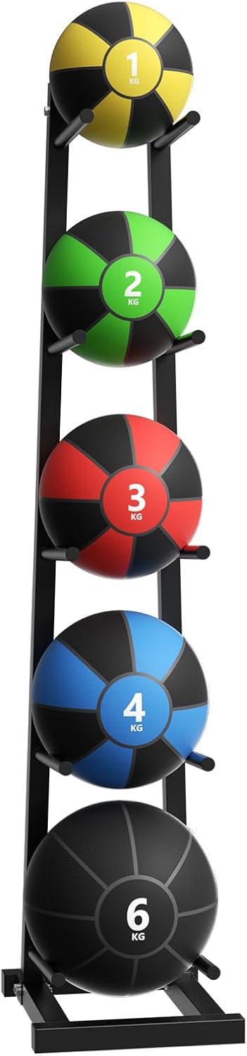 AQQHSAIN Medicine Ball Rack: 5-Layer Vertical Storage for 5 Balls, Adjustable, Steel, Black, Strength Training