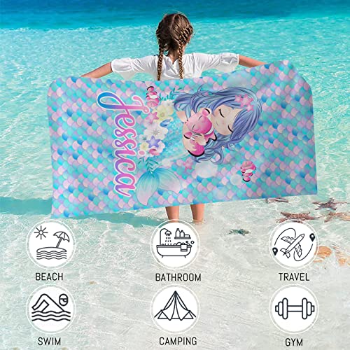 Yescustom Personalized Name Bath Towel Blue Mermaid,Custom Monogrammed Shower Towel For Kids Girls,Customizable Beach Towel Microfiber Quick Dry Cotton Bath Towel For Swimming #TOP6