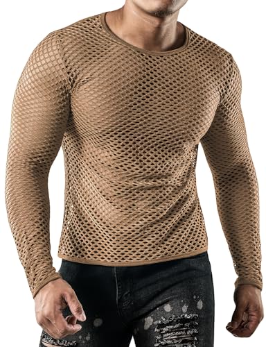 JOGAL Men's Mesh Fishnet Fitted Long Sleeve Muscle Top4