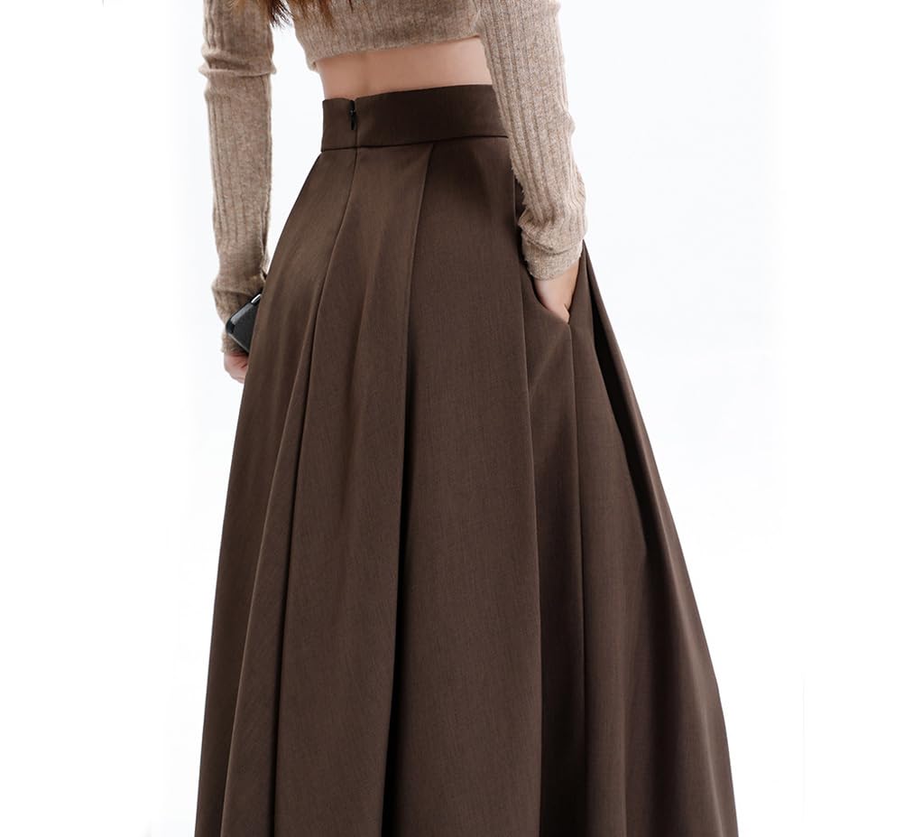 Damskie długie spódnice linia A plisowana spódnica elegancka vintage maxi spódnica z kieszeniami, Brązowy, M