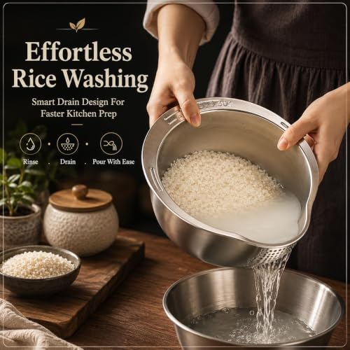Image of Stainless Steel Rice Washer Strainer Bowl | Multi-Purpose 4-in-1 Rice Rinser & Colander with Side Drainers | Washing Bowl for Rice, Dal, Pulses, Quinoa, Grains, Fruits & Vegetables | 27 cm