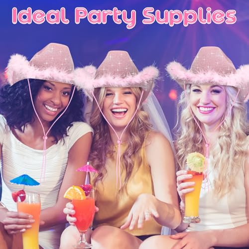 Image of Coume 12 Pcs Sparkly Adults Cowboy Hat and Bandanas Women Men Western Glitter Cowgirl Party Hats with Adjustable Drawstring