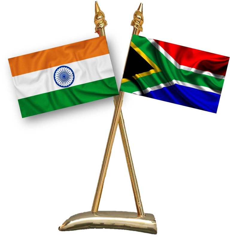 SOUTH AFRICA & INDIA Miniature Flags - Shining & Bright Cotton Cloth with Criss-Cross Classy Brass Base Table Stand-image-2