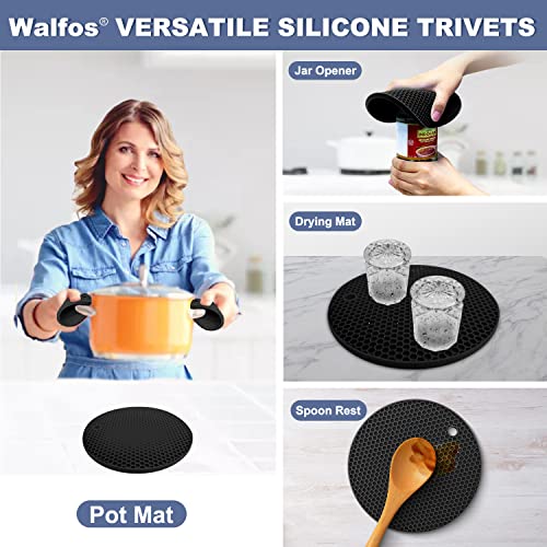 Image of Silicone Trivet Mats - Walfos Heat Resistant Pot Holders Set, 4pcs 2 Sizes 7 Inch & 9 Inch, Multipurpose Non-Slip Hot Pads for Hot Pot, Hot Dishers, Jar Opener, Food Grade & BPA Free (Black)