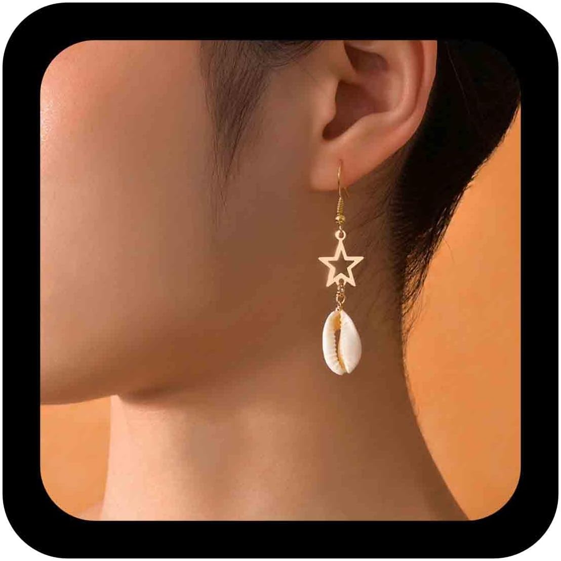 Boho Cowrie Shell Earrings Seashell Dangle Earrings Gold Hollow Star Earrings Vintage Cowrie Drop Earrings Jewelry for Women