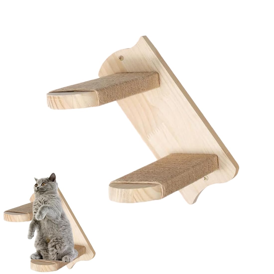 Katzentreppe 2 Stufen, Katzenleiter Mit Juteseil, Katzentreppe Wand, Katzenbretter Für Die Wand, Katzen Treppe, Katzentreppe Kletterwand Katzen Für Katze Klettern Spielen, Natürliche Holzfarbe