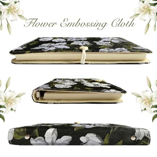 ipoul A5 Binder 6 Ringbuch Nachfüllbar Notizbuch Stickerei Journal Budget Binder Liniertes Notizbuch Liniertes Papier Geschenk für Frauen Planer Binder Schwarzer Stoff Magnolie Blume Geschenk für Oma