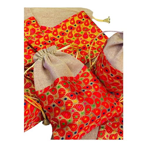 Image of KRIWIN Pack of 20 pcs Big Size Brocade & Jute Potli Gift Bags (23 X 18 cm) Red & Beigeb 500 gr capacity