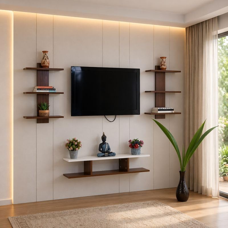 Wall Mount TV Unit for Living Room | Engineered Wooden Cabinet with Storage Shelves & Display Rack | Modern Console Table & Wall Panel | Walnut | 20x90x12cm-image-36