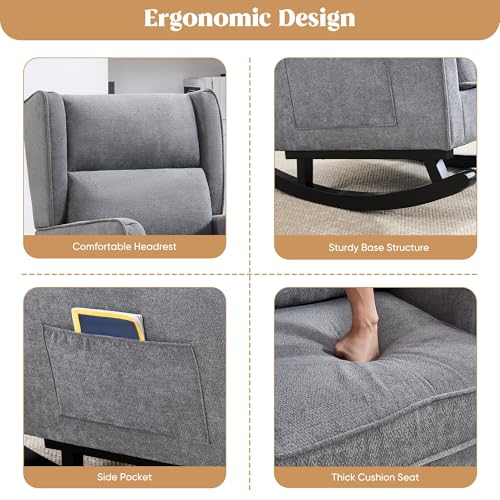 Image of HCHAIRH Nursery Rocking Chairs, Modern Wingback Accent Chairs for Mom Nursery Rocker with High Backrest and Solid Wood Legs, Sherpa Rocking Chair Nursery for Reading Living Room Bedroom, Dark Grey