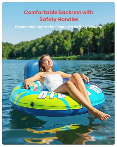 Image of QPAU Inflatable River Tube, 0.4 mm Thickened Puncture-Resistant Heavy Duty River Float, River Raft with Ergonomic Backrest, Mesh Bottom & 2 Cup Holders for Adults and Friends Lake Float