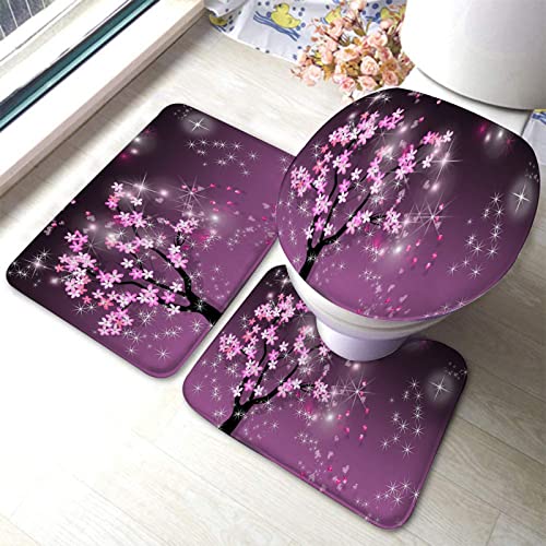 Badezimmerteppich-Set, 3-teilig, Japan Blossom Cherry Glitter, waschbare Badteppiche, rutschfest, mit Rückenpolster, Konturteppich und Toilettendeckelbezug