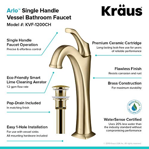 KRAUS KVF-1200BG Arlo™ Brushed Gold Tall Vessel Bathroom Faucet with Pop-Up Drain - image 3