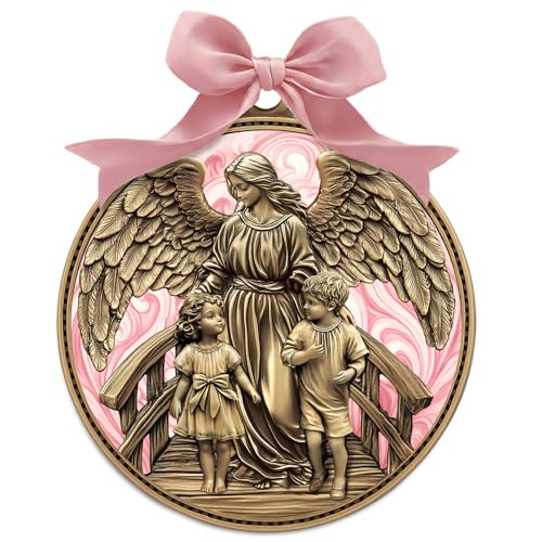 Misdary Guardian Angel Crib Medal Ribbon Round Religious Decor for Baby Nursery Baptism Christening Gift Keepsake Gift, 3 Inch (Pink)