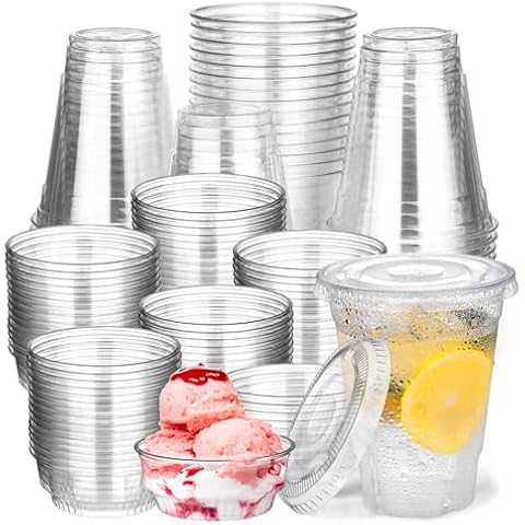 BALDCC 12 oz Clear Plastic Cups With Flat Lids and 100 Pack 3.5 oz Round Plastic Dessert Cups Cover