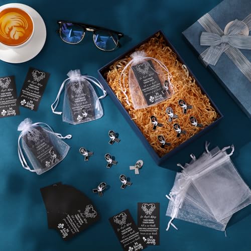 Quelay 100 Sets Black Funeral Ribbon Pins Funeral Favors Ribbon Pins Prayer Cards and Organza Bags Awareness Lapel Forever in Our Hearts Memorial Brooch for Mourning Remembrance Day2
