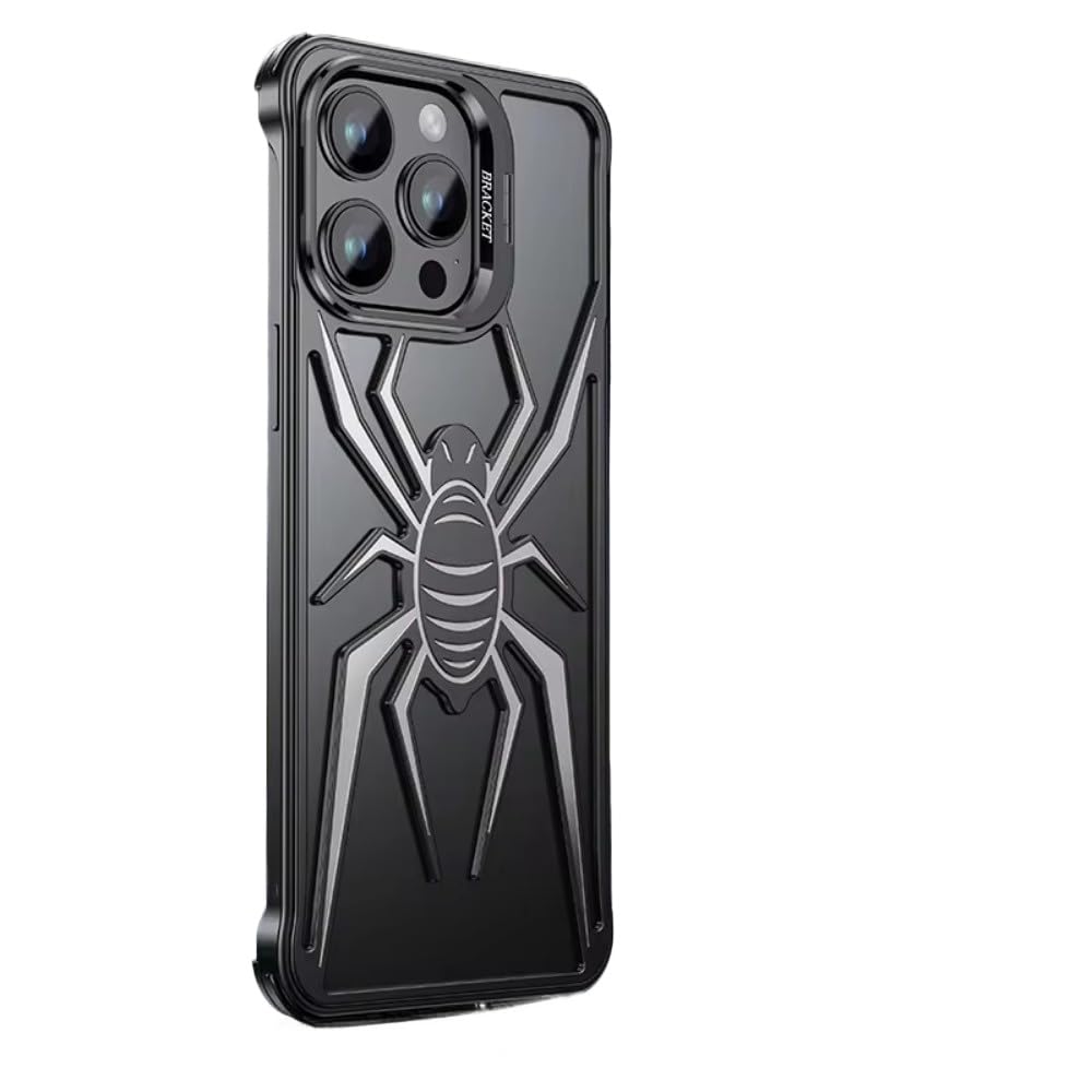 Aluminum Alloy Hollow Spider Rimless Phone Case for iPhone 15 Lens Holder Ultra Slim Metal Heat Dissipation Shockproof Cover (Black,for IPhone 15)