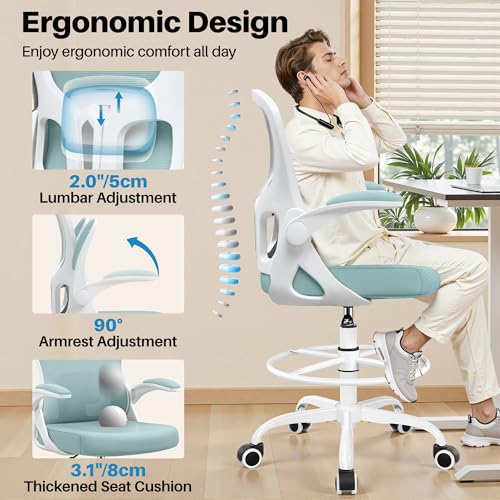 Image of Drafting Chair Tall Office Chair for Standing Desk - Ergonomic Computer Work Stool with Lumbar Support, Flip-up Arms & Foot Ring. for Studio Artist Engineer Gaming Bar Study (Light Blue)