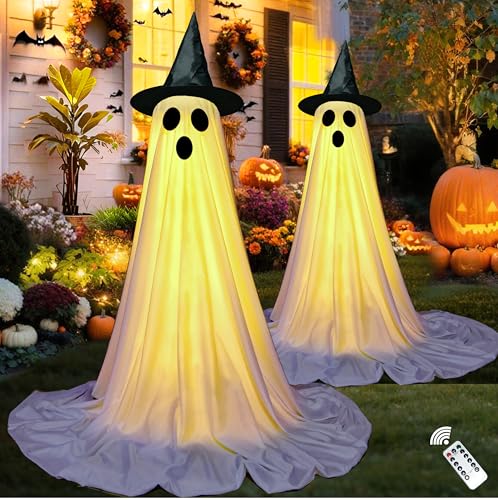 2Packs Halloween Decorations-Halloween Decorations Outdoor,Light Up Spooky Ghost Decoration Indoor with Remote Control LED String Lights,Ghost Outside Decor for Yards Porch Gardens Lawn Party