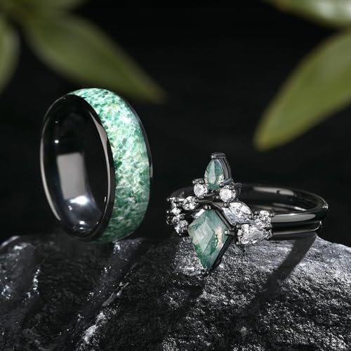 Moss Agate Wedding Ring Set - Moss Agate Ring for Woman - Unique Couple Rings - Custom Promise Ring for Her - 2 Pc Woman's Matching Rings3